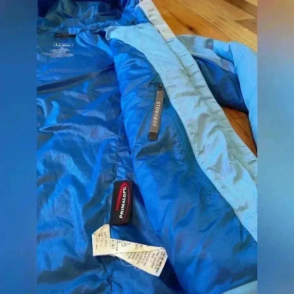 LL Bean Quilted Puffer Jacket Prima Loft Blue Hooded Stowaway Women's Size Small - Picture 5 of 14